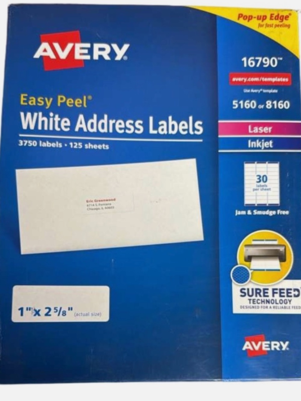 Avery 16790 Easy Peel White Address Labels 1" x 2-5/8" 2550-Ct 85-Sheets